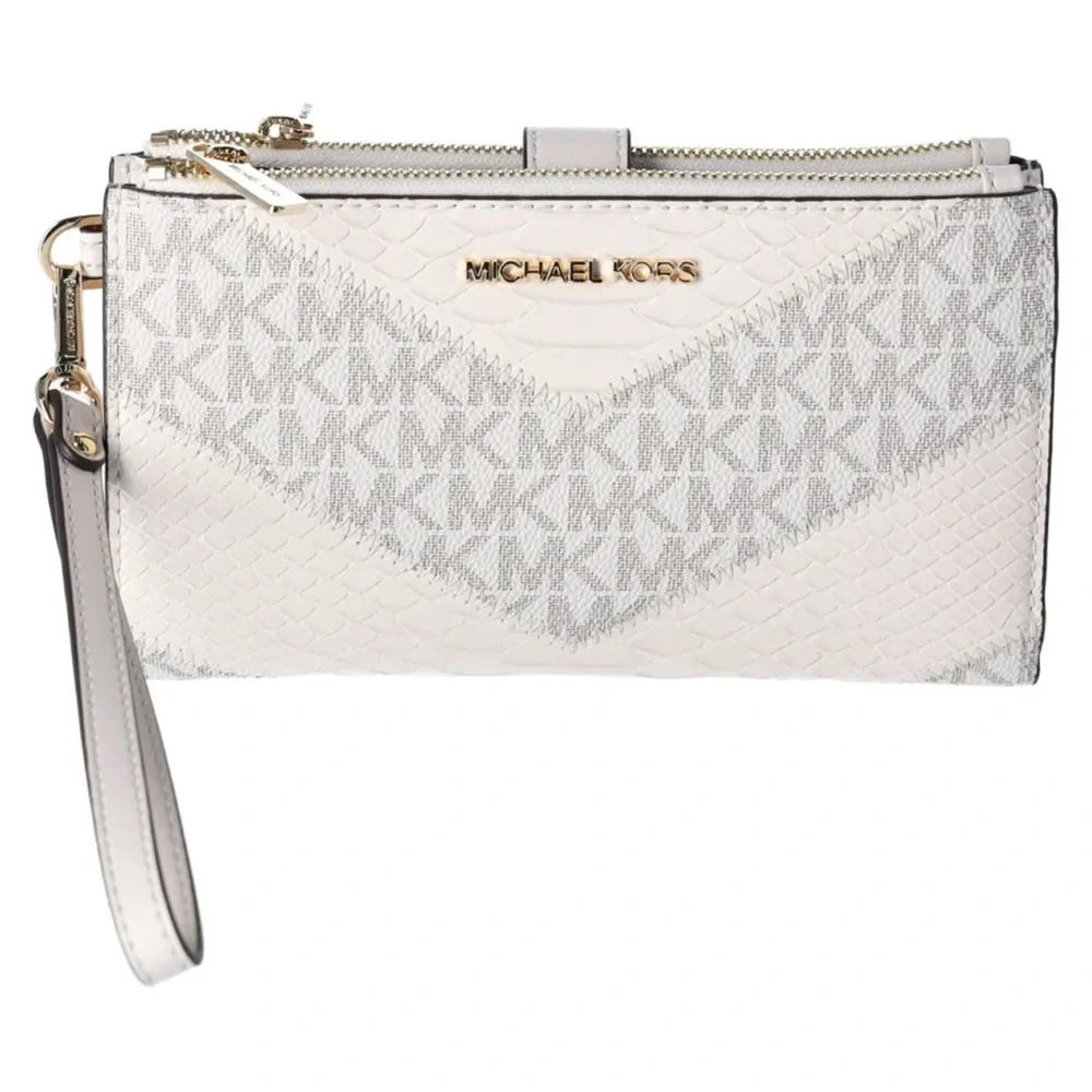 Michael Kors Jet Set Travel Large Double Zip Wallet MK Light Cream Multi Python
